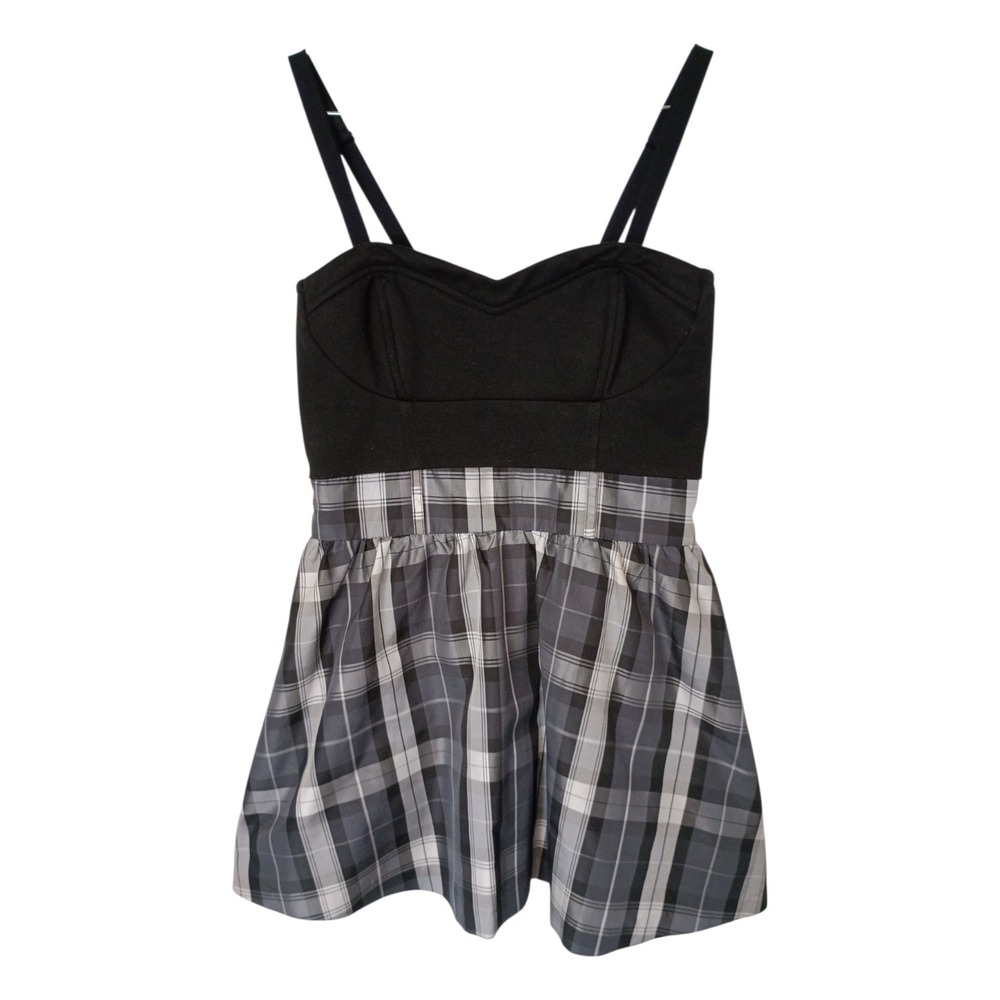 Vintage Black Plaid Sweetheart Bustier Mini Dress Tulle Fit & Flare Sleeveless S